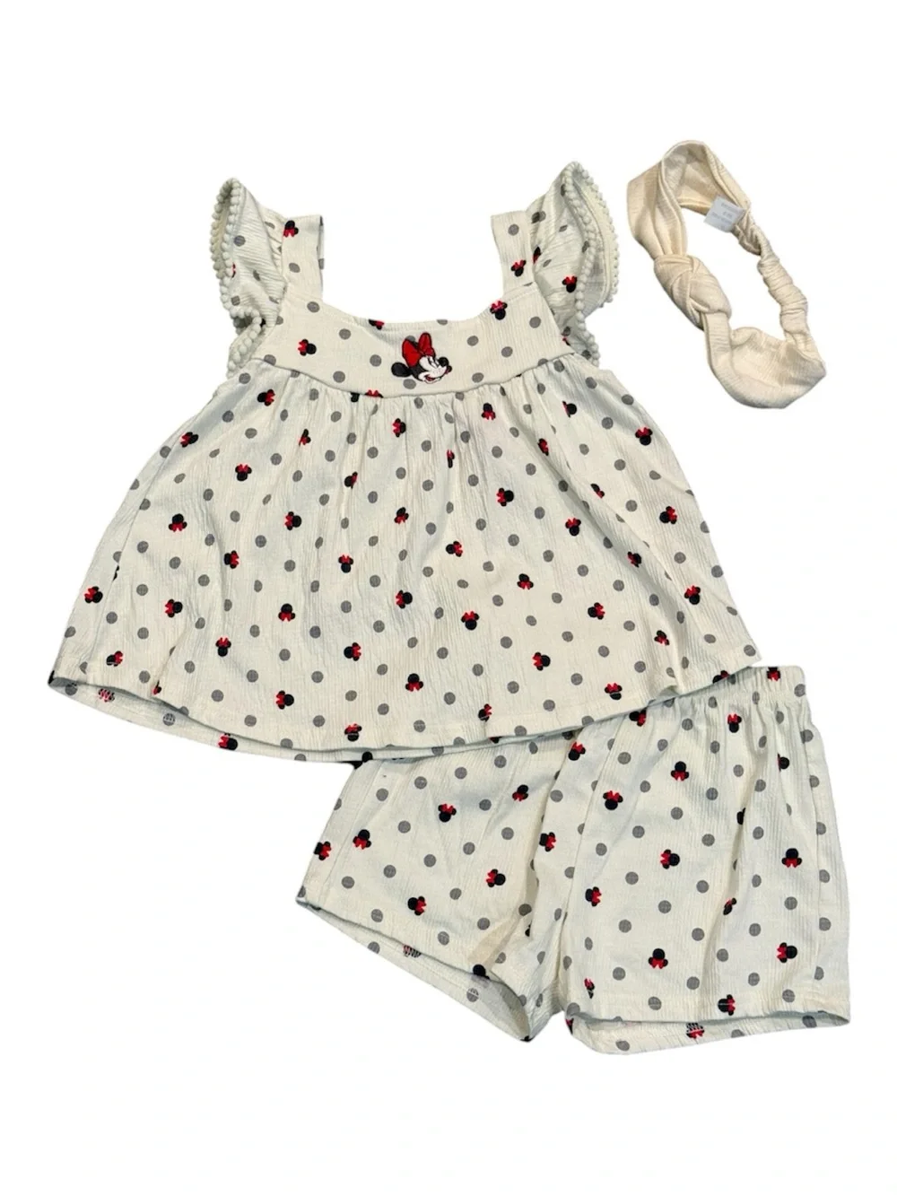 Disney Minnie Mouse Cream Polka Dot Tank & Shorts Set with Headband